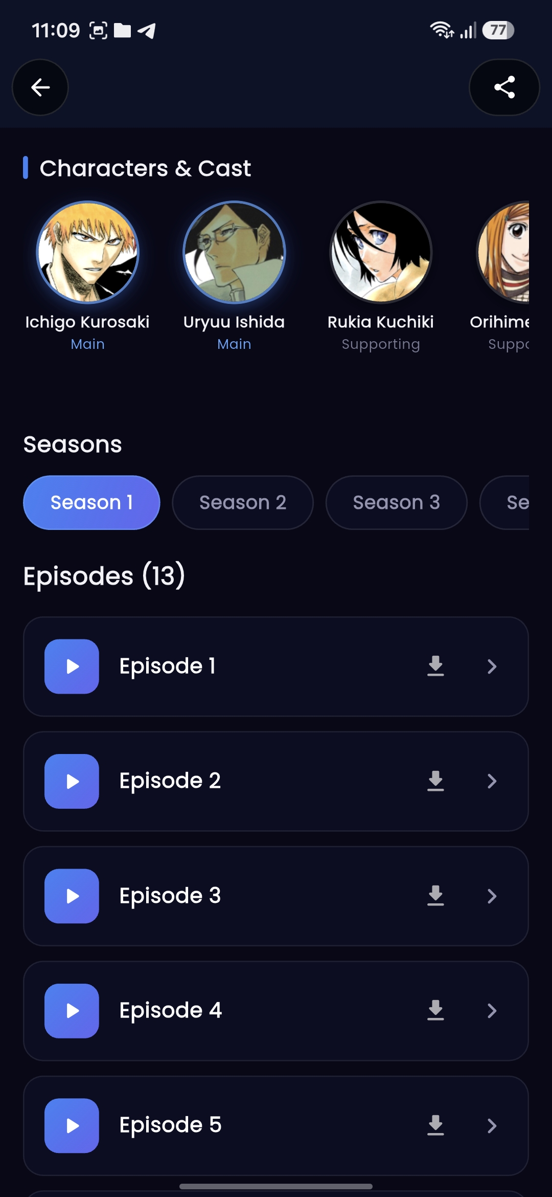 Characters and Cast Screen